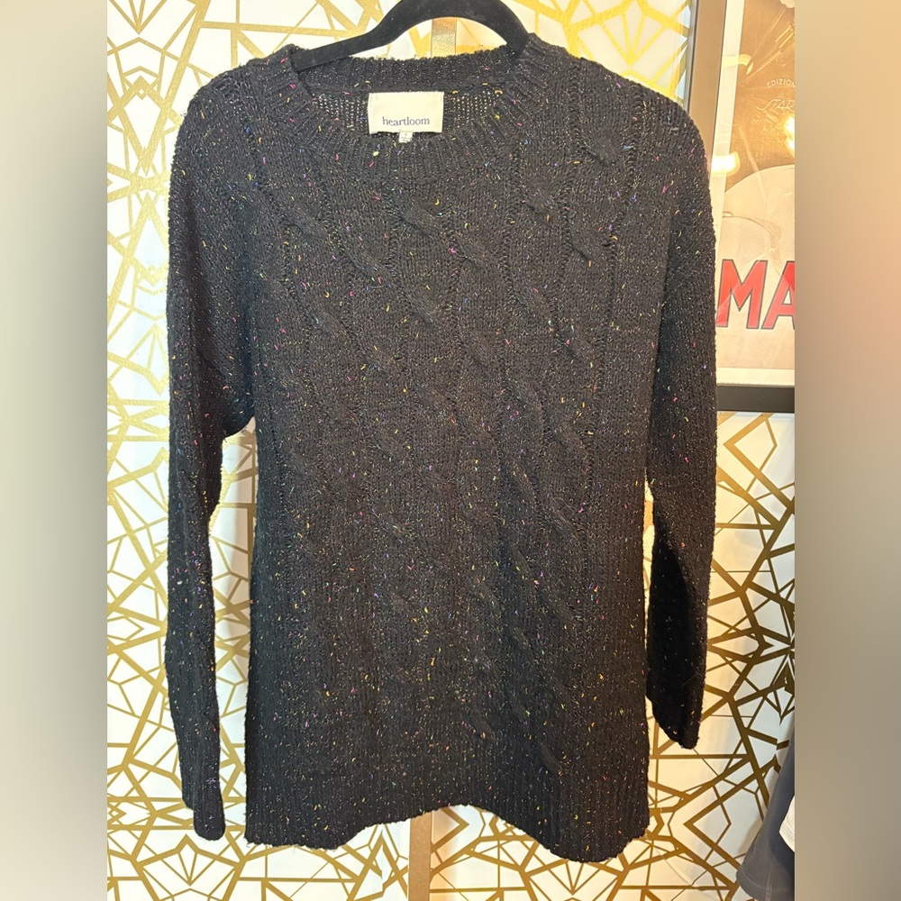 🩵Heartloom black cable-knit sweater with multicolored speckles, Small
